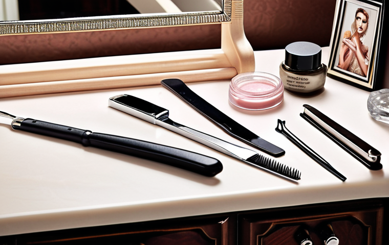 **
Close-up of manicure tools on a vanity. Includes a glass nail file, cuticle pusher, nail clipper, and polishing block. Elegant and clean aesthetic, focused on high-quality tools.
**