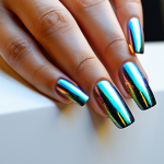 A close-up view of elegant, well-manicured nails on a hand with natural body proportions, showcasing a sophisticated mix of nail art effects. Some nails feature a high-shine, liquid chrome mirror effect, while others display a multi-dimensional, sparkling holographic finish. The hand is posed gracefully, capturing the light perfectly on the nails. The person is fully clothed in appropriate, professional dress, with a modest sleeve visible. The background is a clean, modern nail salon or studio environment, well-lit with soft, natural light. perfect anatomy, correct proportions, natural pose, well-formed hands, proper finger count, safe for work, appropriate content, professional, family-friendly, high-resolution photography, intricate detail.