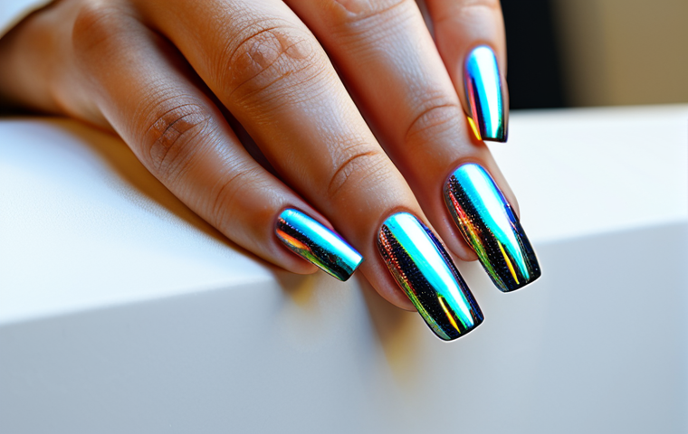 A close-up view of elegant, well-manicured nails on a hand with natural body proportions, showcasing a sophisticated mix of nail art effects. Some nails feature a high-shine, liquid chrome mirror effect, while others display a multi-dimensional, sparkling holographic finish. The hand is posed gracefully, capturing the light perfectly on the nails. The person is fully clothed in appropriate, professional dress, with a modest sleeve visible. The background is a clean, modern nail salon or studio environment, well-lit with soft, natural light. perfect anatomy, correct proportions, natural pose, well-formed hands, proper finger count, safe for work, appropriate content, professional, family-friendly, high-resolution photography, intricate detail.