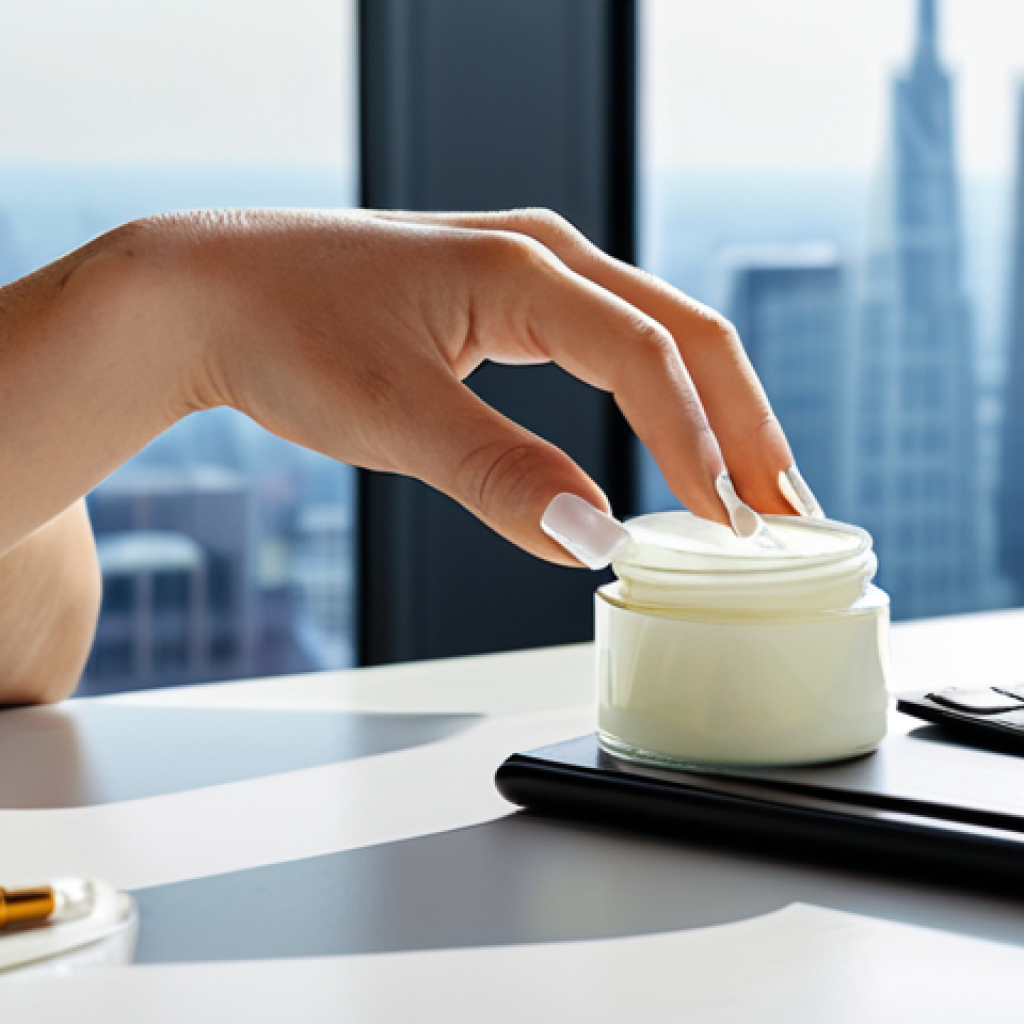 Hydration and Protection**

"A woman's hands, manicured with clear polish, applying a light, non-greasy hand cream at a bright desk in a modern office. Emphasis on the smooth skin. Background: office supplies and a glimpse of a city view. Focus on skincare and hand health. Safe for work, appropriate content, fully clothed, professional, perfect anatomy, natural proportions, high quality."

**