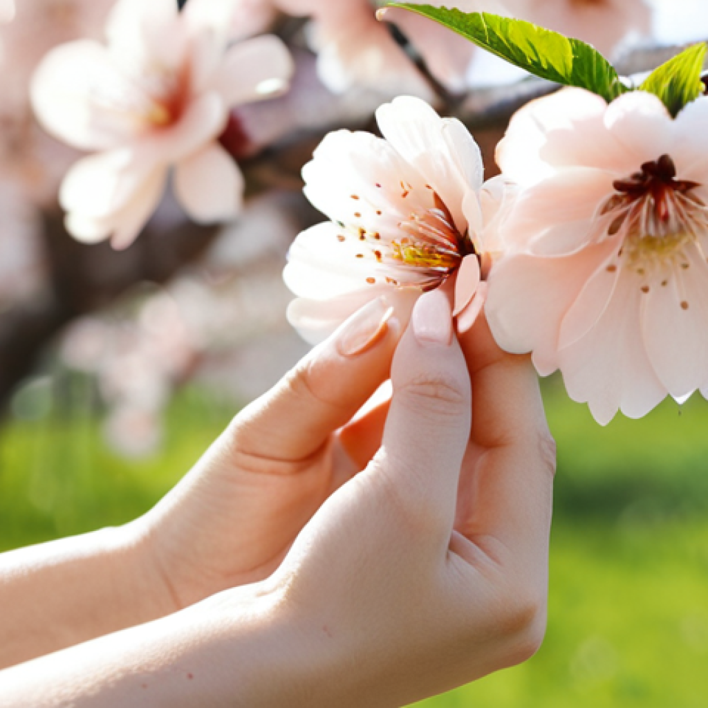 **

A woman with perfectly manicured nails, featuring a pastel peach color, is holding a delicate flower. The background is a soft-focus image of a blooming peach tree in spring. Focus on the nails and flower details.  The lighting is soft and diffused.  safe for work, appropriate content, fully clothed (hands only), professional, perfect anatomy (hands), correct proportions (hands), well-formed hands, proper finger count, high quality, professional photography, family-friendly.

**