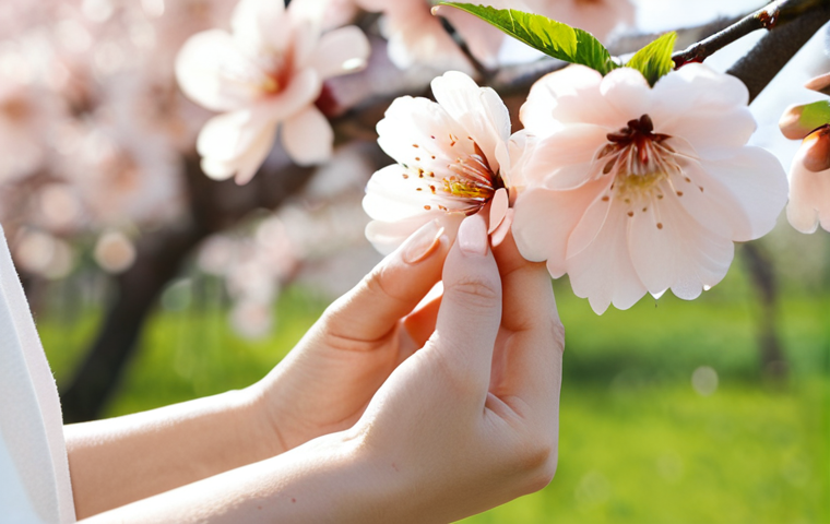 **

A woman with perfectly manicured nails, featuring a pastel peach color, is holding a delicate flower. The background is a soft-focus image of a blooming peach tree in spring. Focus on the nails and flower details.  The lighting is soft and diffused.  safe for work, appropriate content, fully clothed (hands only), professional, perfect anatomy (hands), correct proportions (hands), well-formed hands, proper finger count, high quality, professional photography, family-friendly.

**