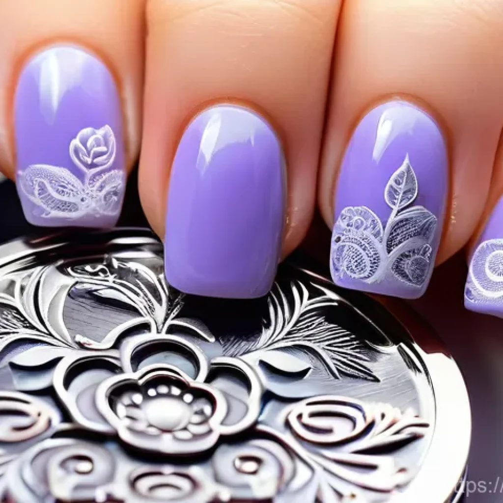 다이소 네일 스탬프 사용법 - 8cm in diameter) is positioned next to a high-quality stainless steel stamping plate, intricately en...