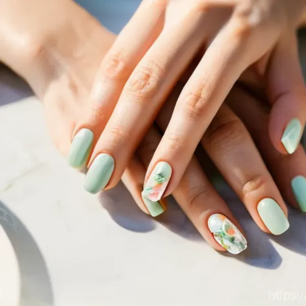 봄 네일 디자인과 컬러 추천 - **Prompt 1: Spring Pastel Elegance with Abstract Floral Nail Art**
    "A close-up of a woman's hand...