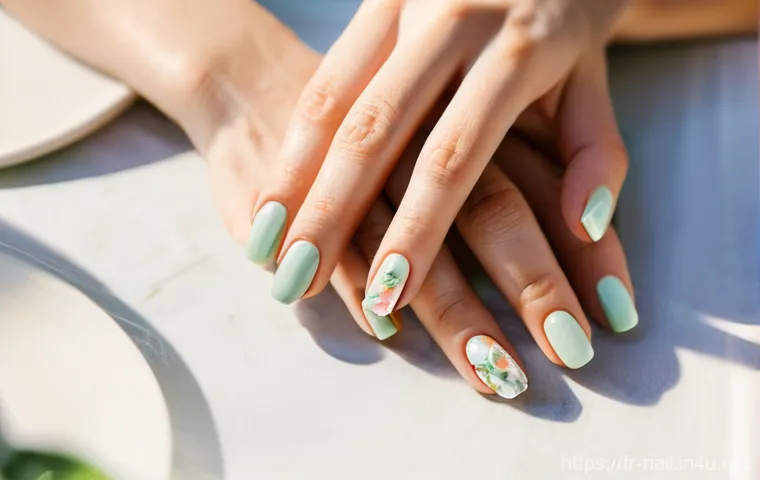 봄 네일 디자인과 컬러 추천 - **Prompt 1: Spring Pastel Elegance with Abstract Floral Nail Art**
    "A close-up of a woman's hand...