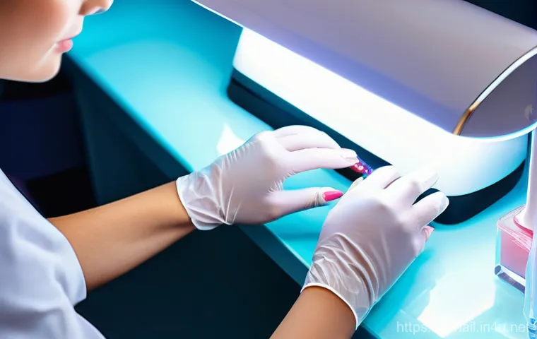 브랜드별 네일 램프 성능 비교 - **Professional Manicure with Hybrid UV/LED Lamp:**
    "A skilled female nail technician, dressed in...