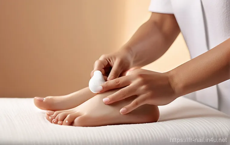 풋케어 패치와 크림 비교 - **Prompt:** A close-up shot of a person's feet, softly illuminated, after using an exfoliating foot ...
