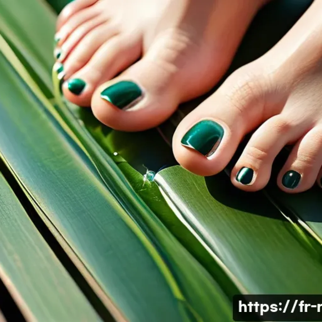 페디큐어에 적합한 탑코트 추천 - **Prompt:** A close-up shot of a woman's feet showcasing a vibrant, perfectly manicured pedicure pro...