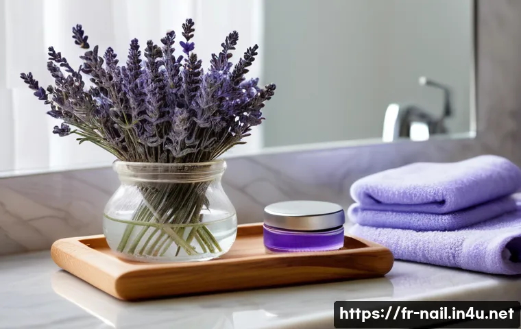 홈 네일 케어 루틴 추천 - A close-up scene of a cozy French bathroom vanity with high-quality nail care tools arranged neatly:...