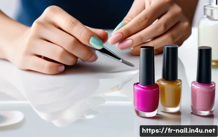 홈 네일아트 키트 추천 - A cozy and elegant home manicure setup on a wooden table, featuring essential tools such as a glass ...