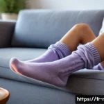 풋마스크와 풋팩의 차이 - A cozy and serene evening scene featuring a person wearing moisturizing foot mask socks infused with...