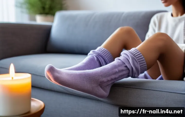 풋마스크와 풋팩의 차이 - A cozy and serene evening scene featuring a person wearing moisturizing foot mask socks infused with...