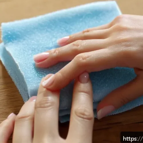젤 네일 리무버 패드 사용 방법 - A close-up scene of a French woman gently removing gel nail polish at home using acetone-soaked remo...