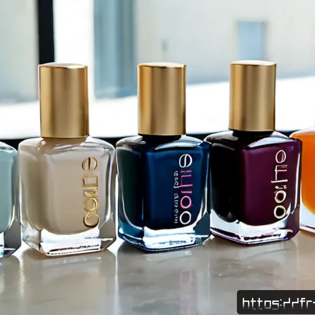 브랜드별 젤 탑코트 비교 - Photorealistic editorial beauty flat lay comparing several unbranded gel top coat nail polish bottle...