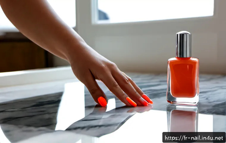 속건성 매니큐어 추천 - Photorealistic beauty editorial of a French woman’s hand with freshly applied glossy coral quick-dry...