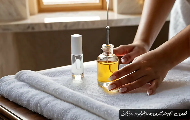 네일 오일과 큐티클 오일 추천 - Photorealistic close-up of elegant hands applying clear cuticle oil with a small glass dropper, neat...